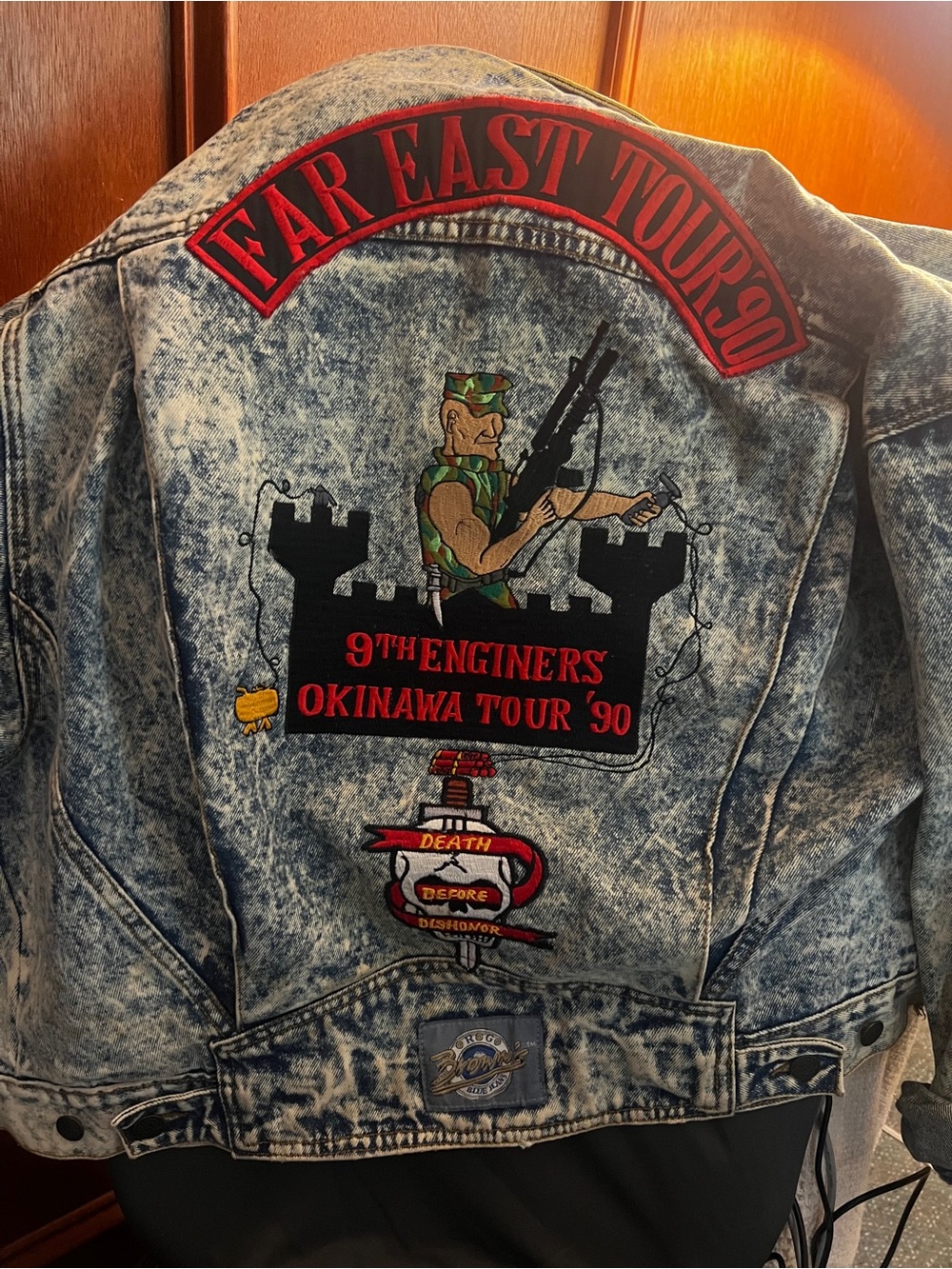 Vintage Acid Wash Denim Tour Jacket - Blue - Military Patch Back
